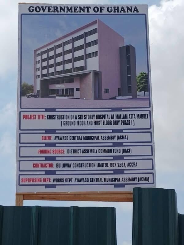 Project board — Construction of a Six Storey Hospital at Mallam Atta Market (Phase 1), a project of the Ayawaso Central Municipal Assembly funded by the District Assembly Common Fund